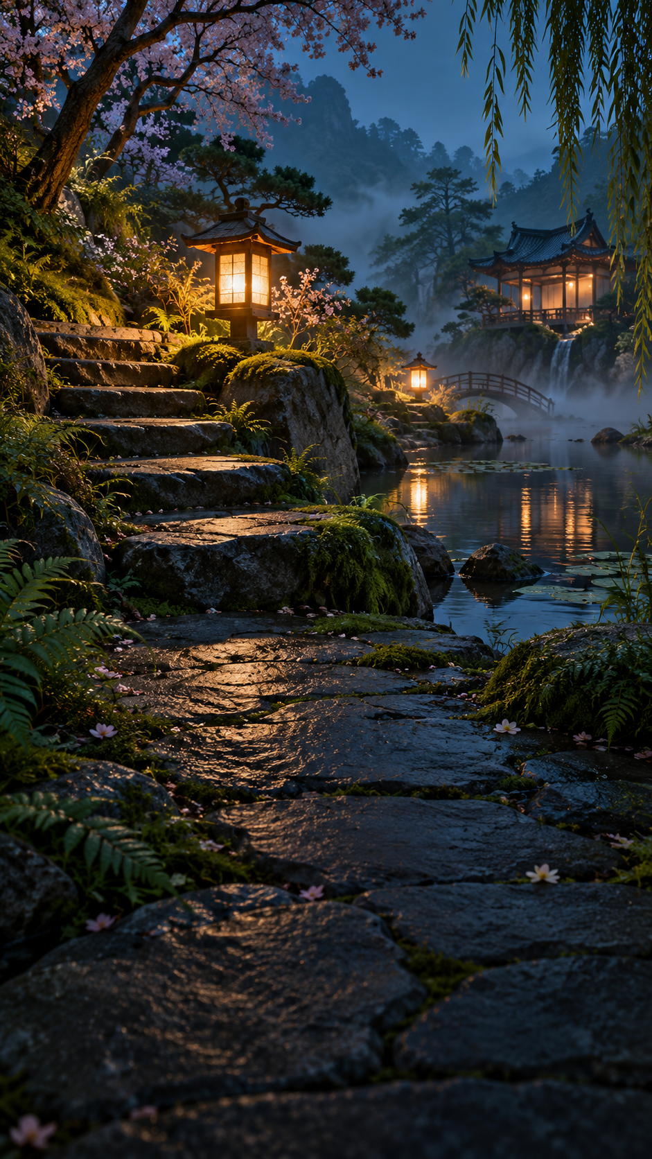 Warm lanterns light a stone path beside a still pond and flowering trees at dusk.